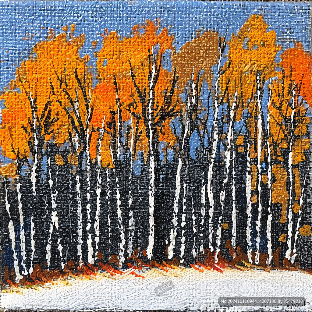 秋天森林画白桦树