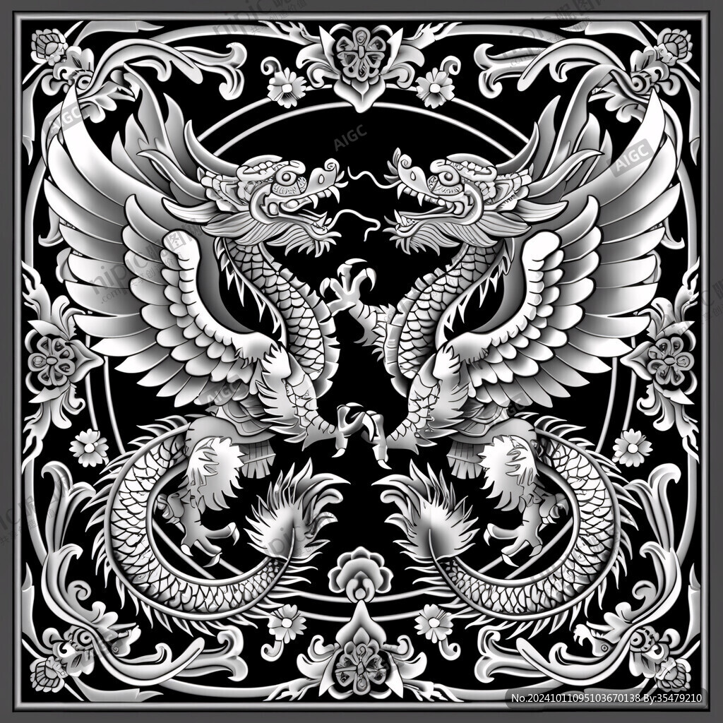 凤凰牡丹灰度图