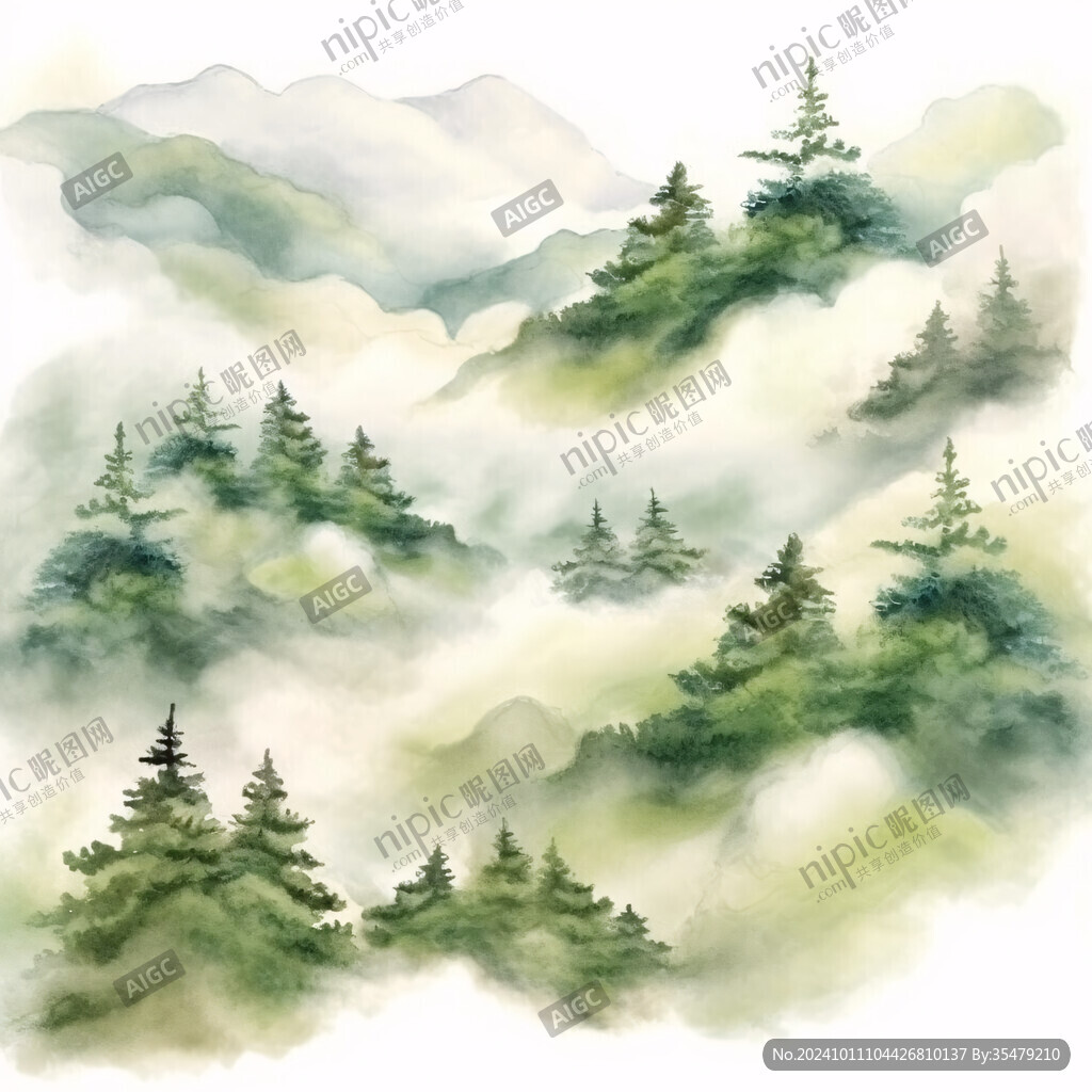 水彩画山峰群山远山