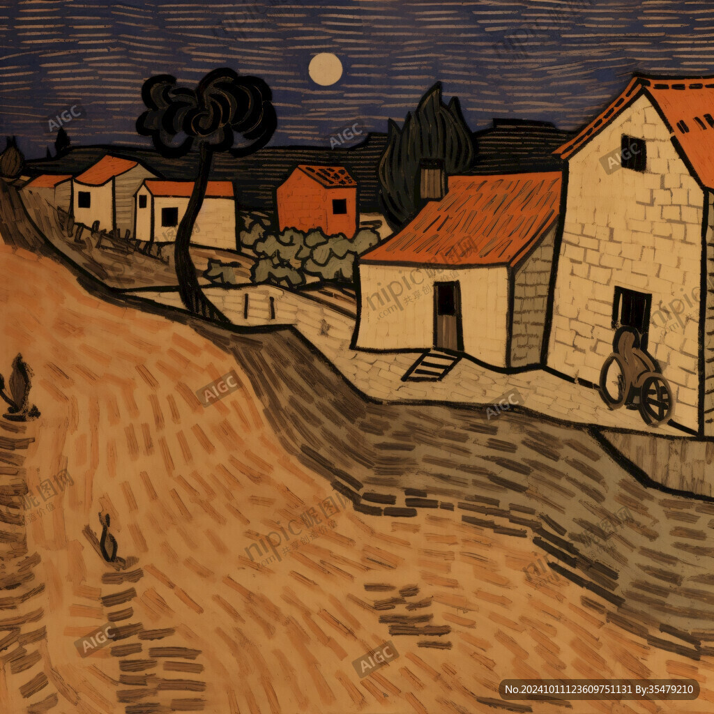 国画明月下的渔村