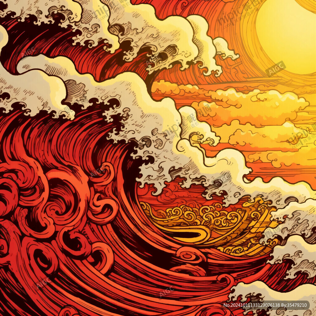 手绘海浪旭日东升