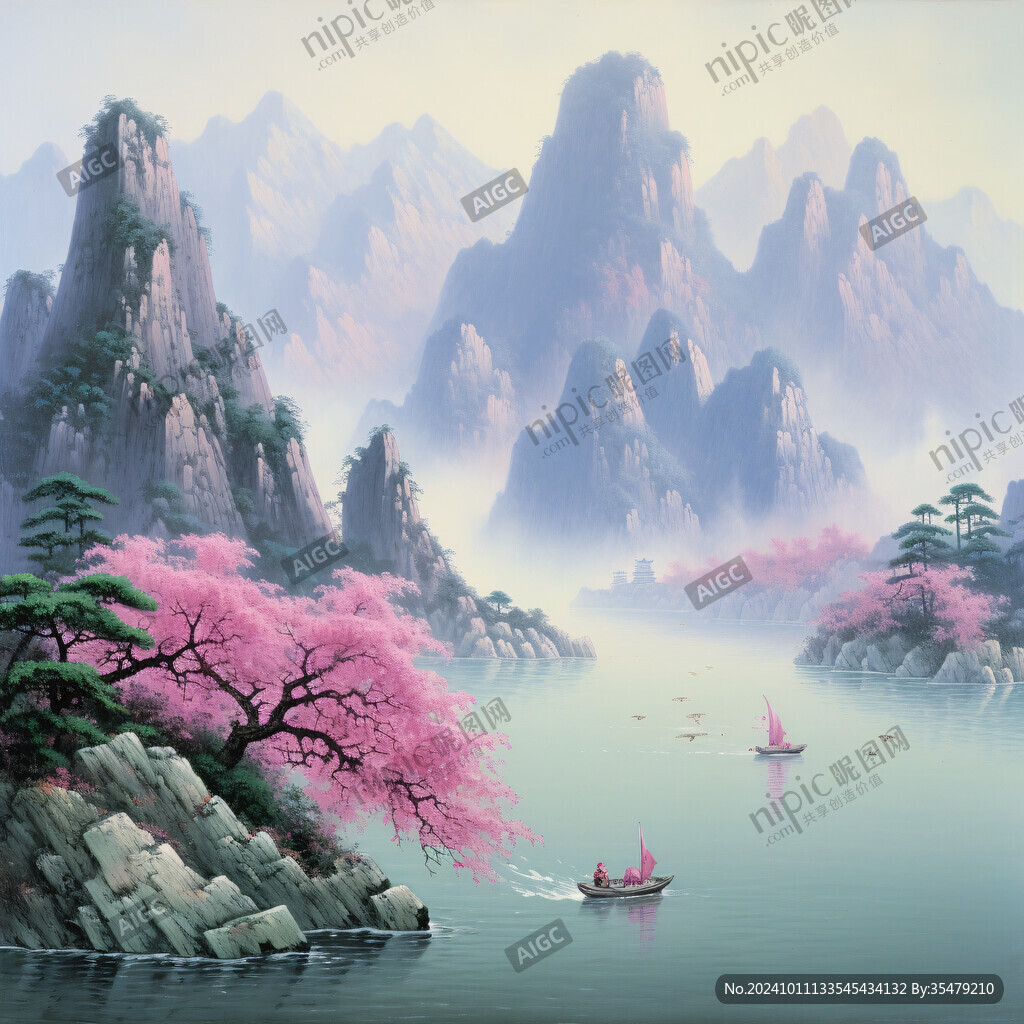 花瓣飘落山水画