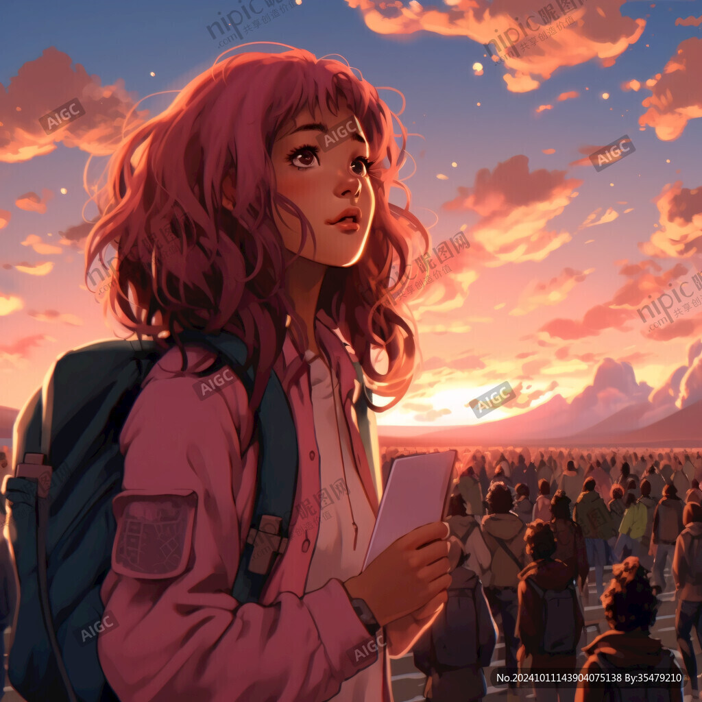 女学生夕阳下插画