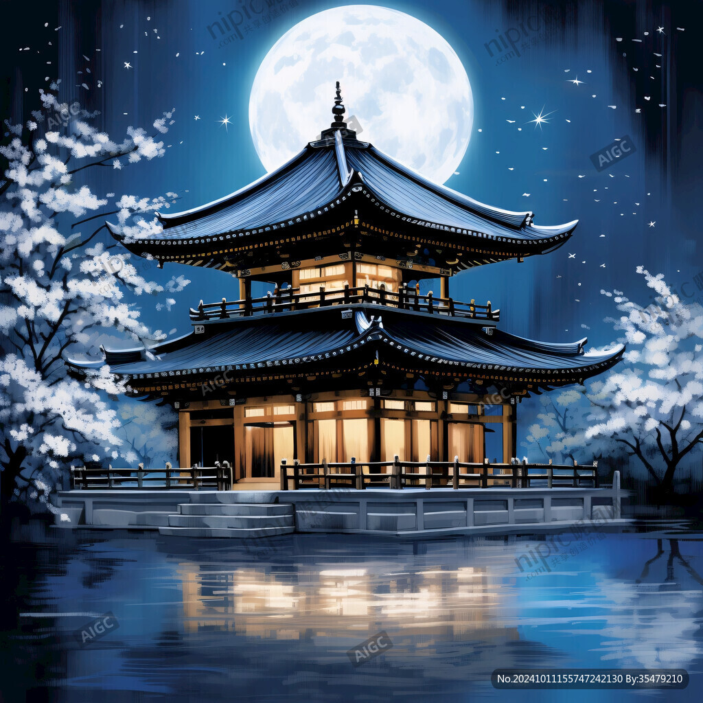 亭台楼阁月亮仙子插画