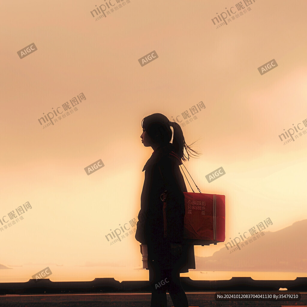 女学生夕阳下插画