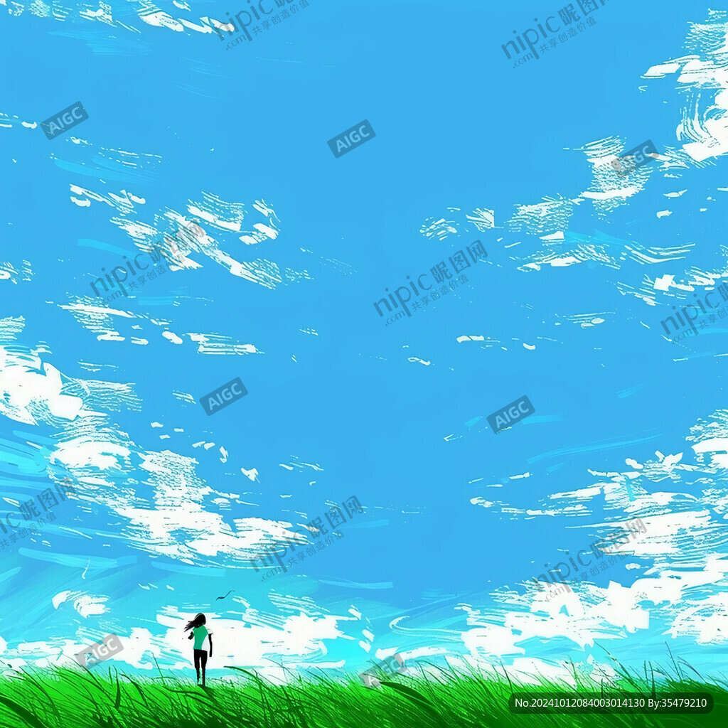 蓝天白云女孩插画
