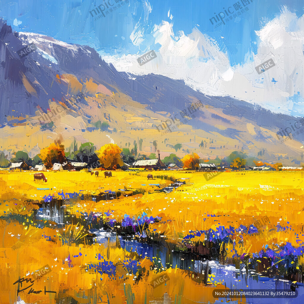 胡杨雪山蓝色湖水油画