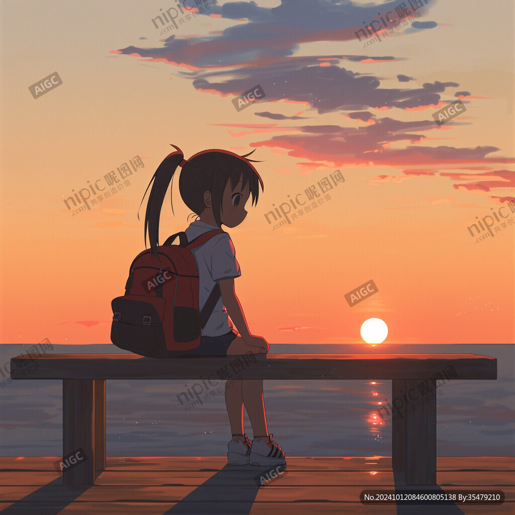 女学生夕阳下插画