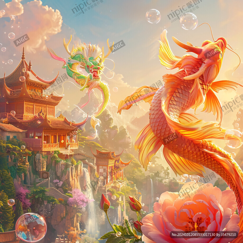 如意锦鲤风景画