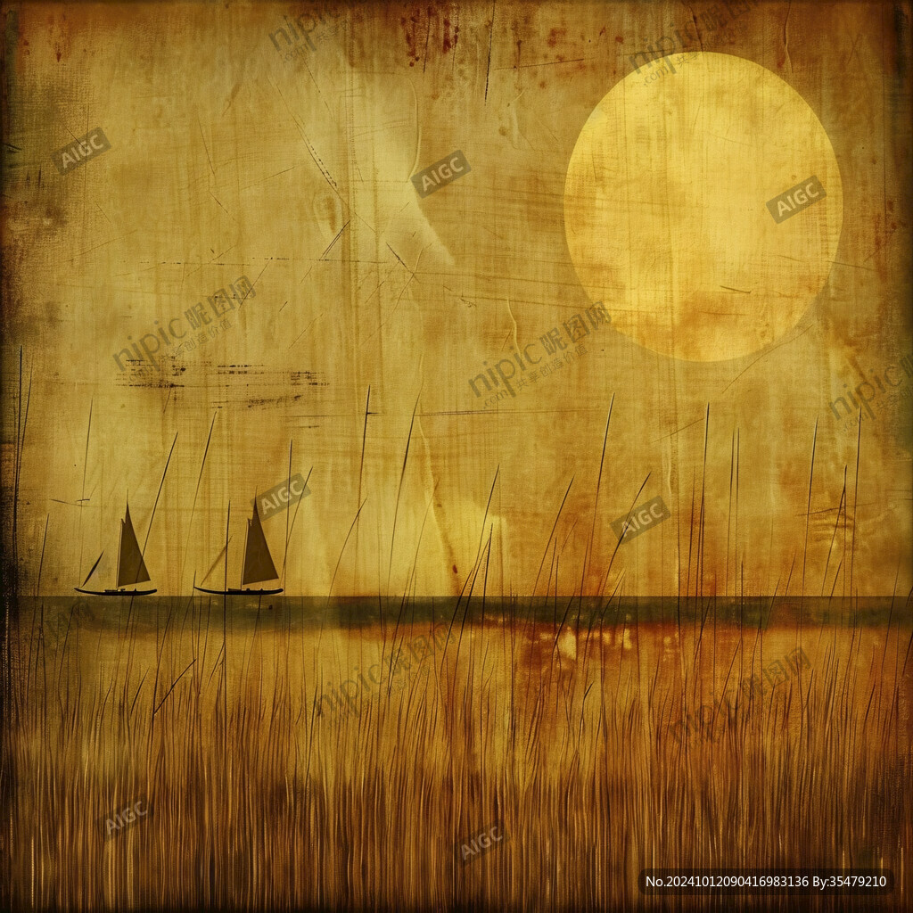 屏风条屏日出油画渔船