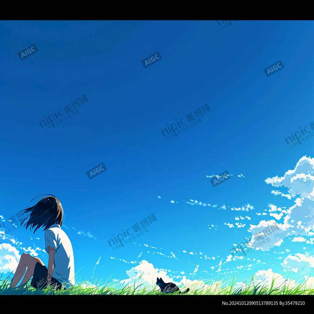 蓝天白云女孩插画