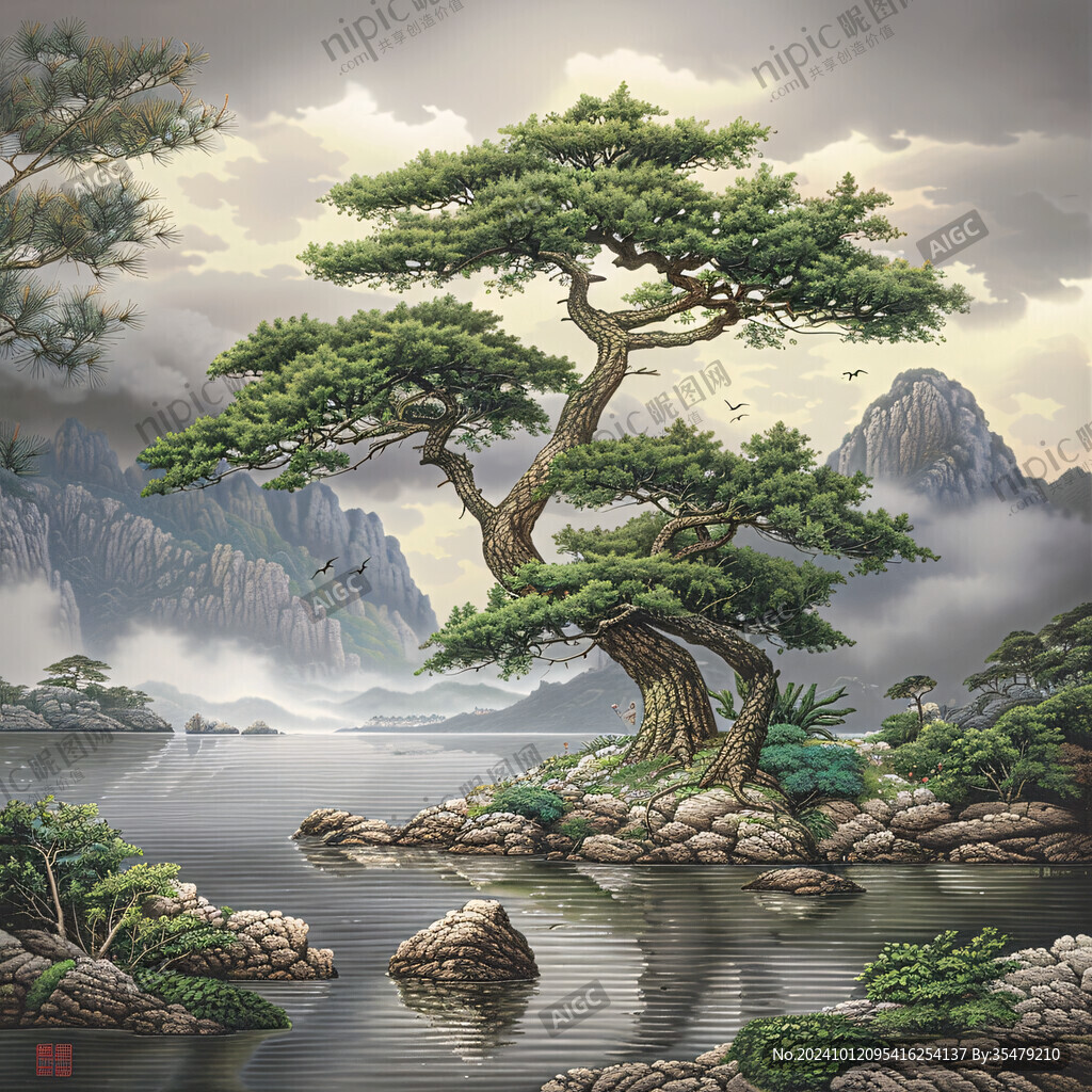 迎客松松树禅意山水