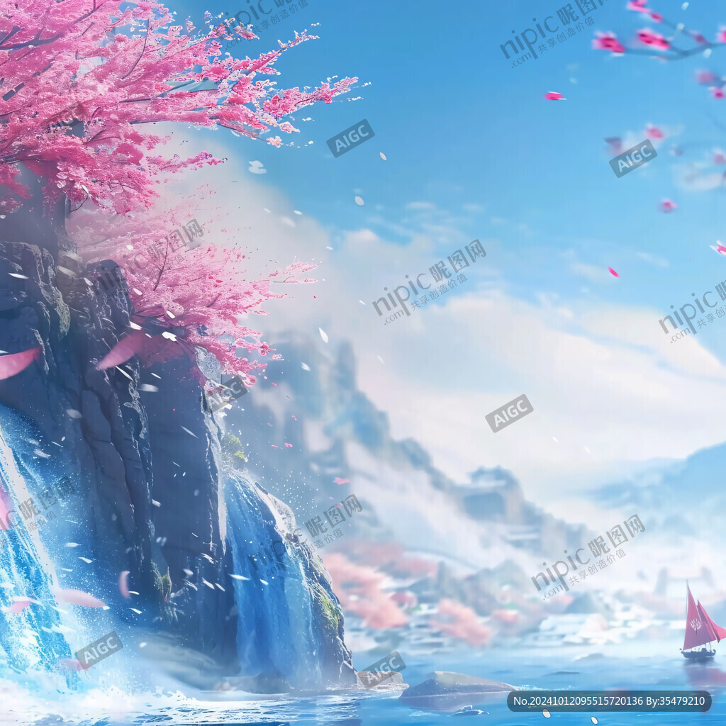 花瓣飘落山水画