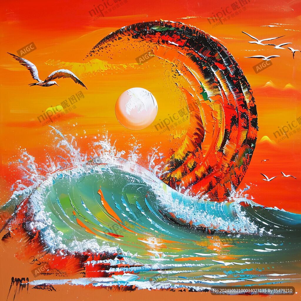 手绘海浪旭日东升