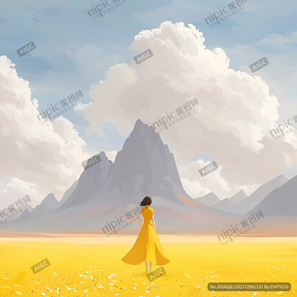 蓝天白云女孩插画