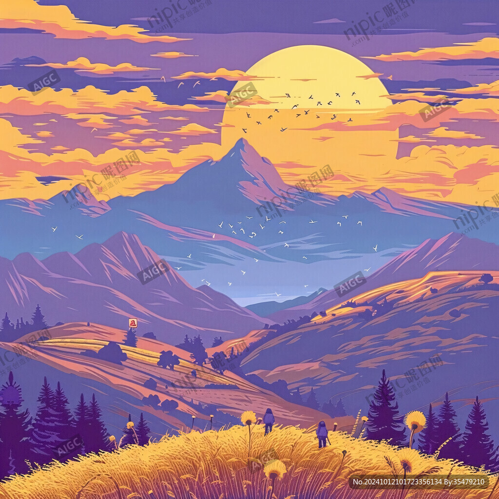 黄昏远山插画
