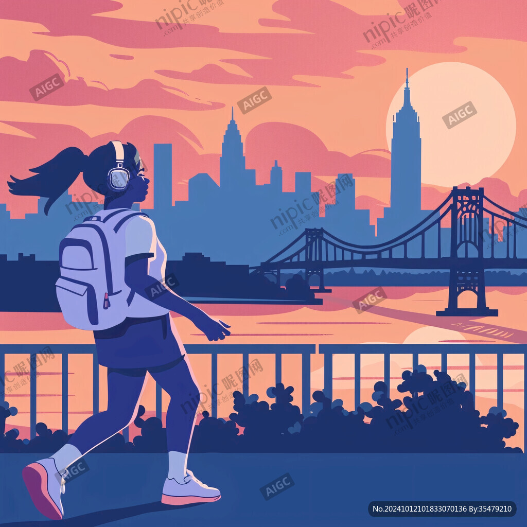 女学生夕阳下插画