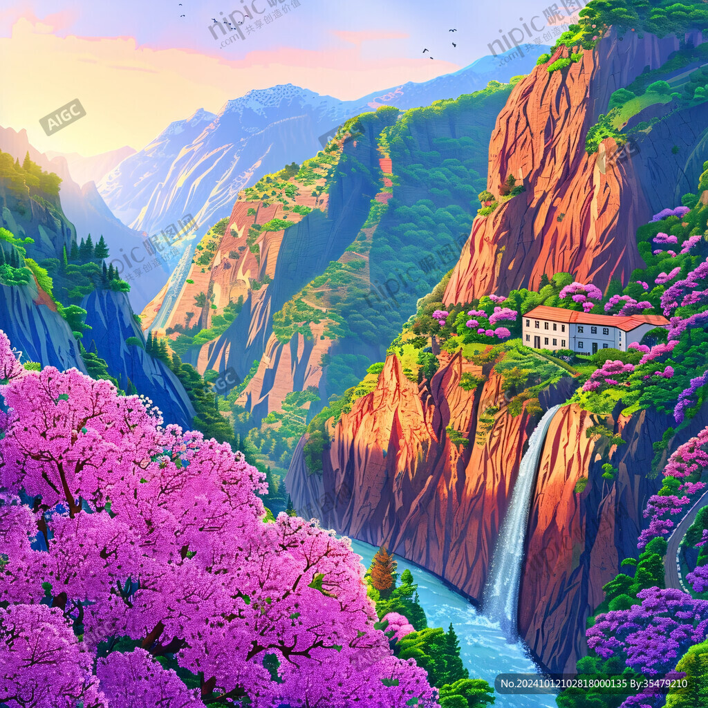 花瓣飘落山水画