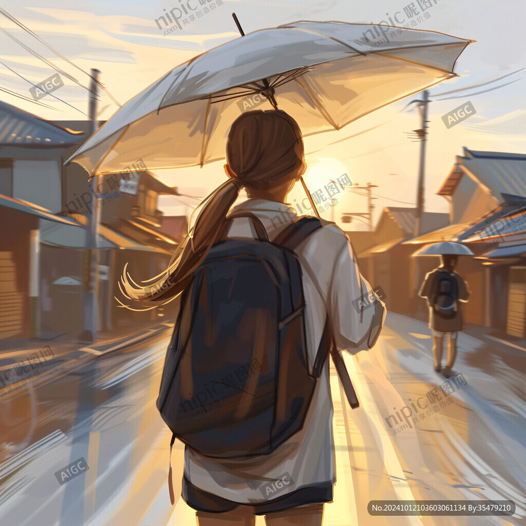 女学生夕阳下插画