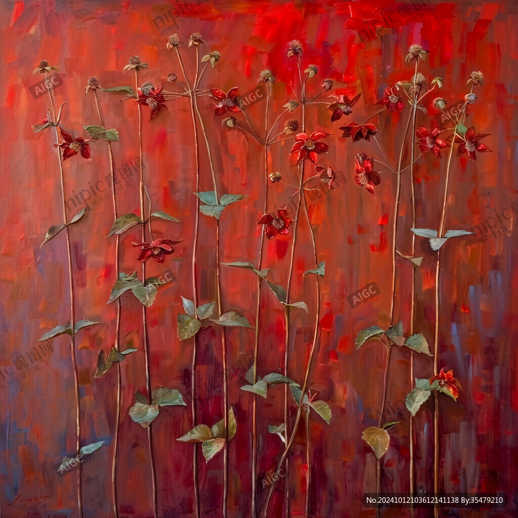枝头红花抽象油画