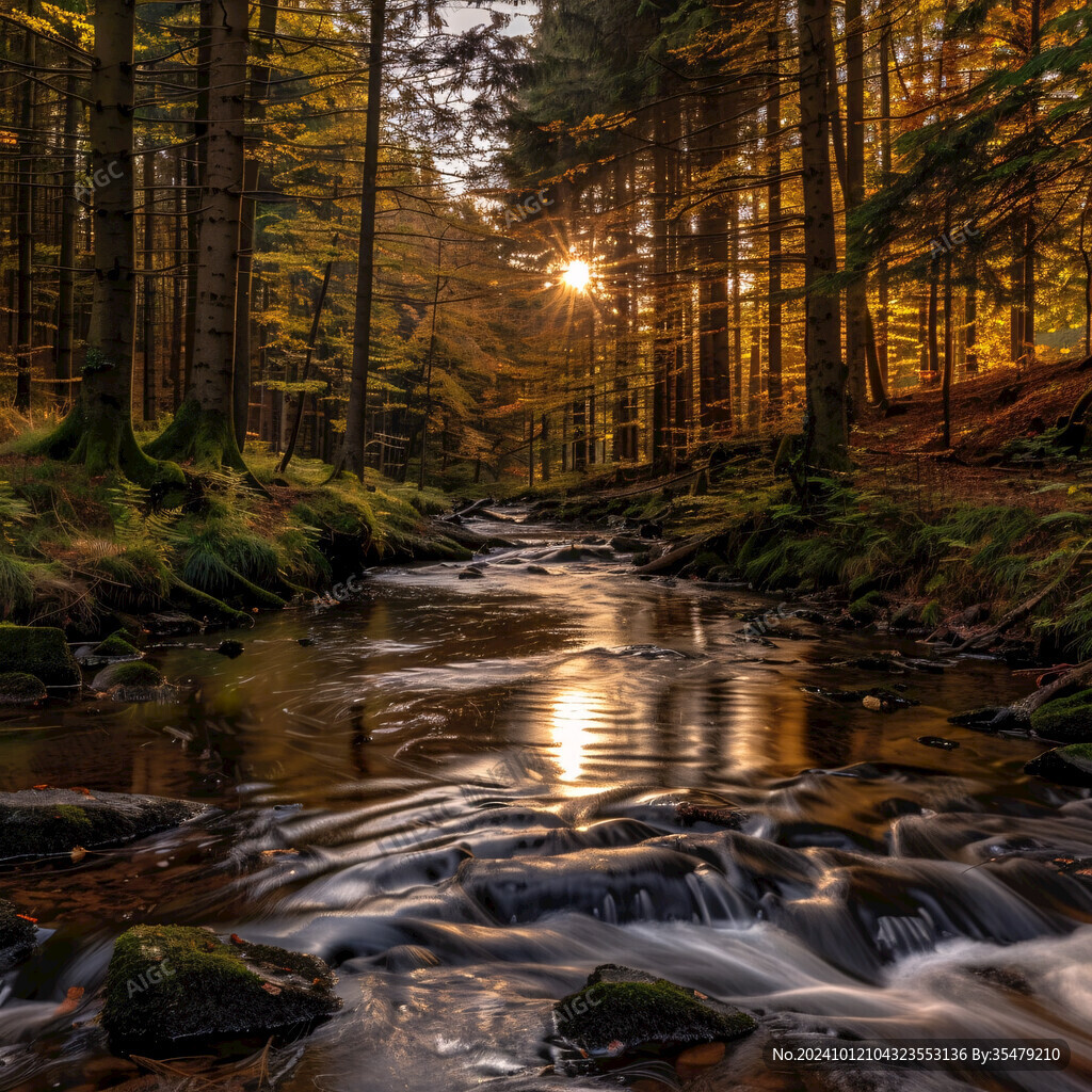 森林潭水夕阳秋色
