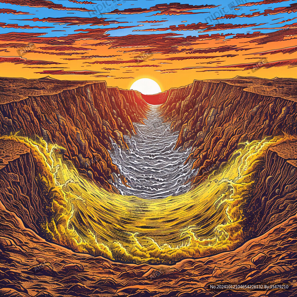 手绘海浪旭日东升