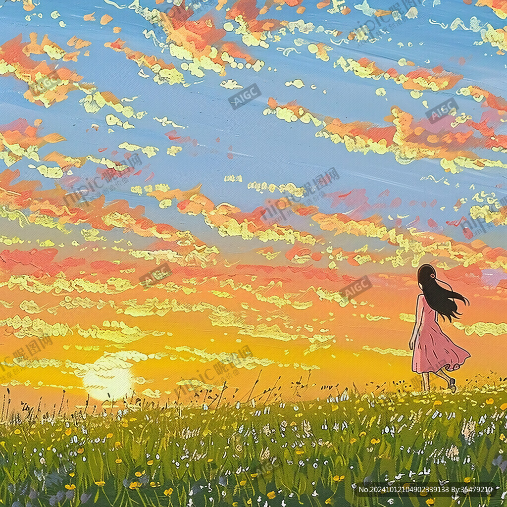 蓝天白云女孩插画