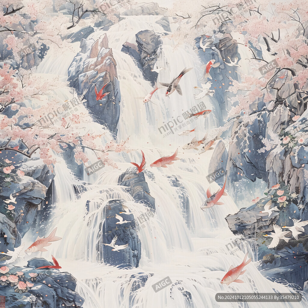 花瓣飘落山水画