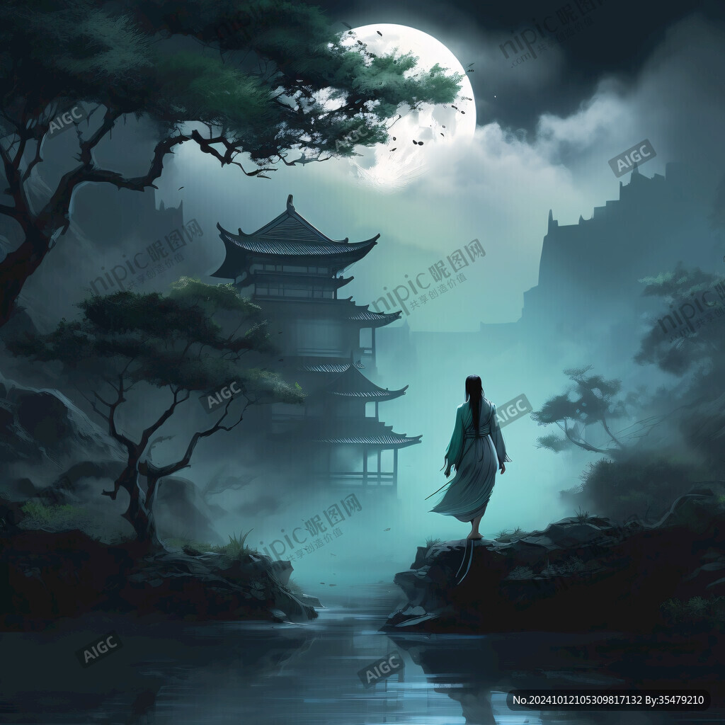 亭台楼阁月亮仙子插画