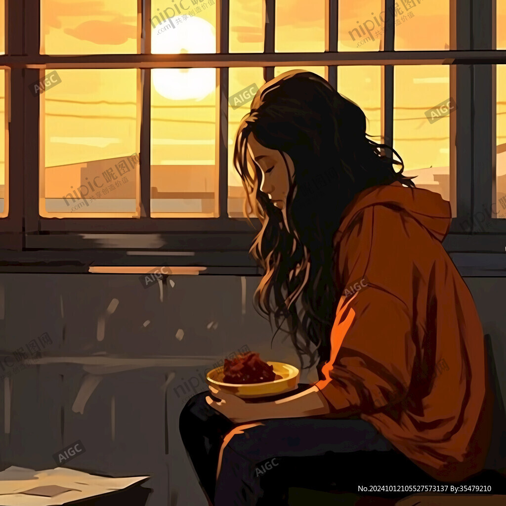 女学生夕阳下插画