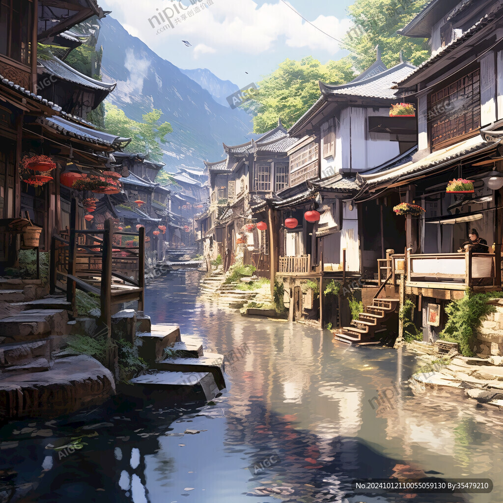 写实古镇插画