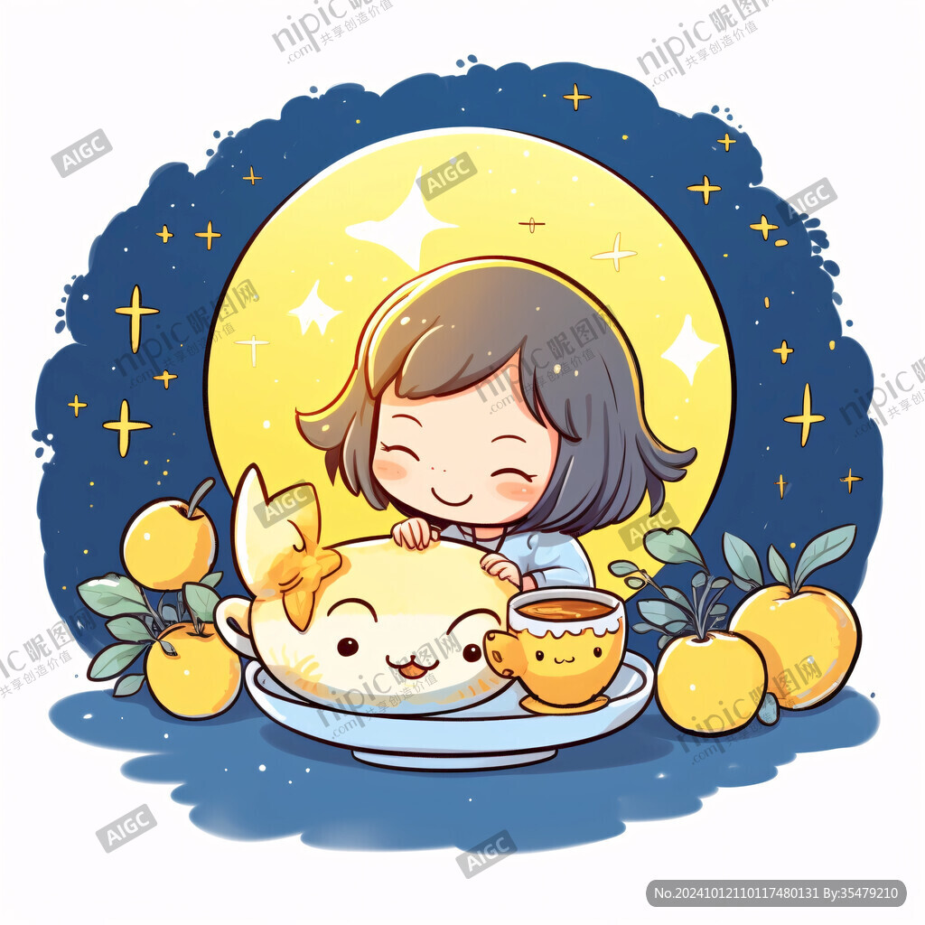 手绘吃月饼赏月小女孩