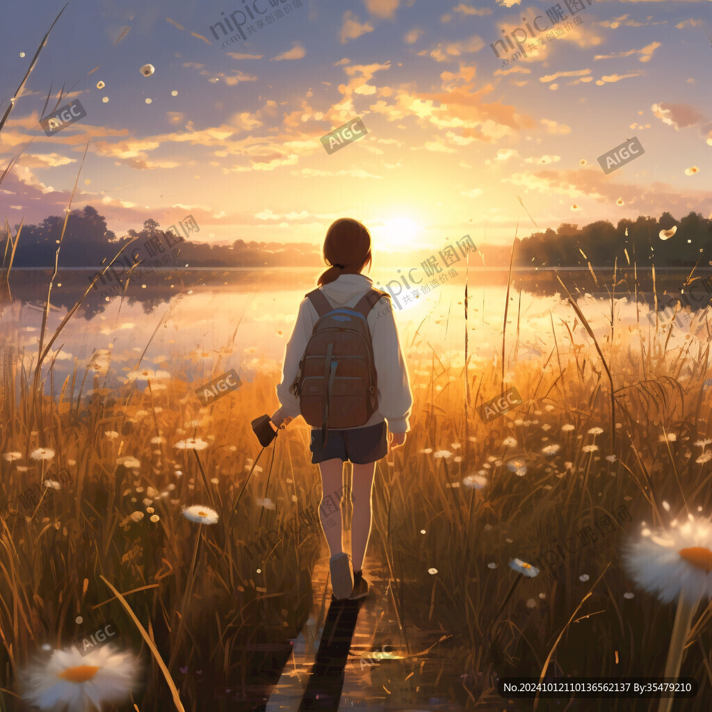 女学生夕阳下插画