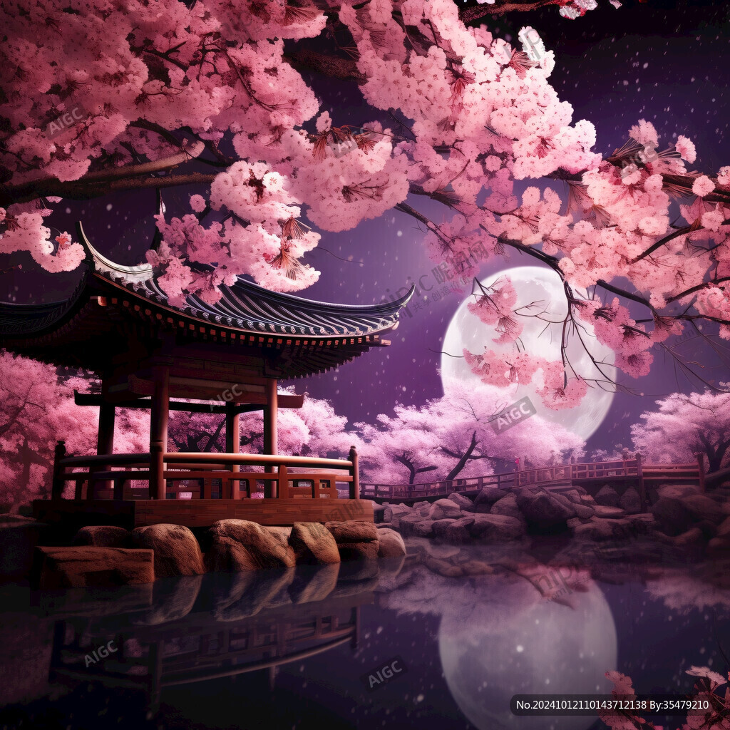 亭台楼阁月亮仙子插画