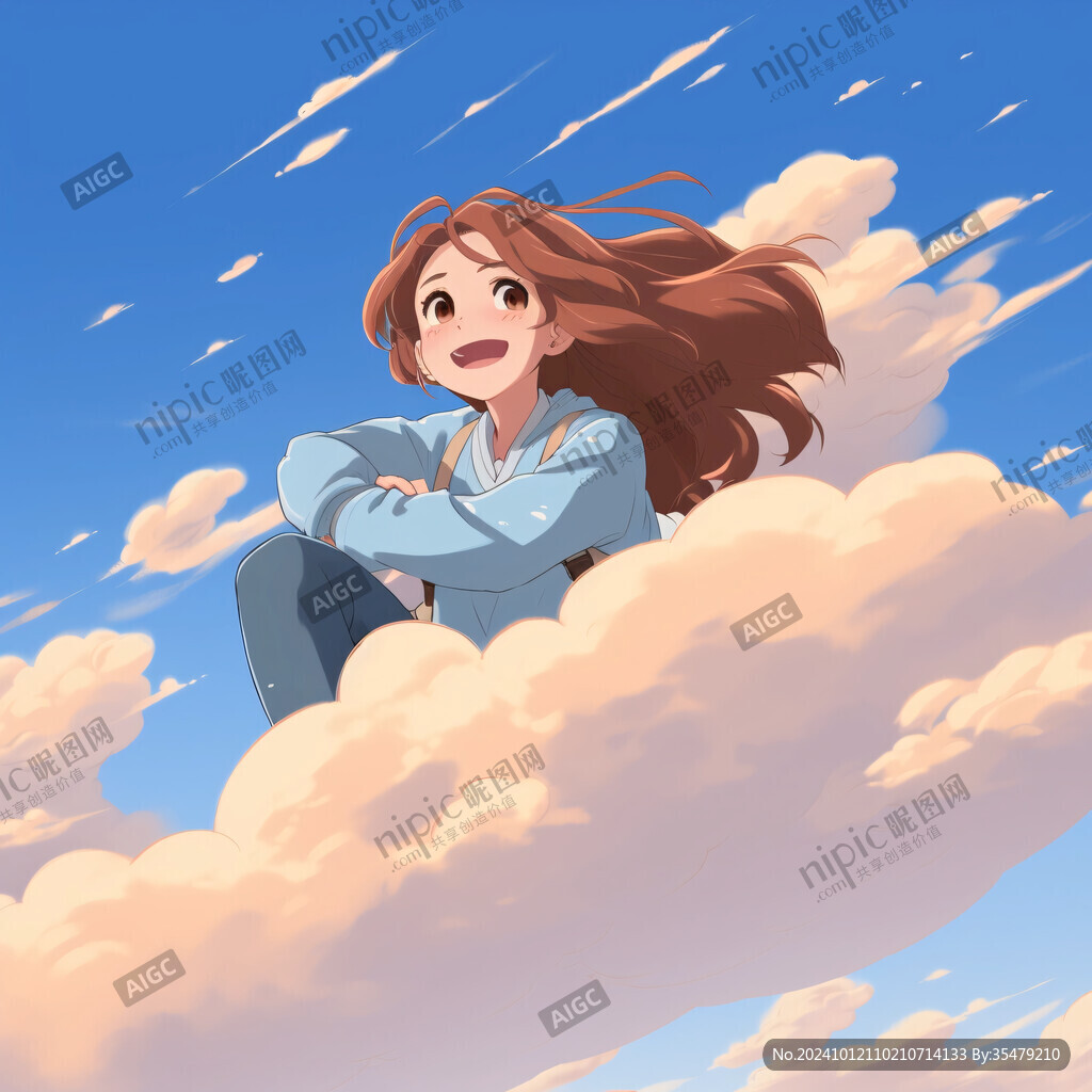 蓝天白云女孩插画