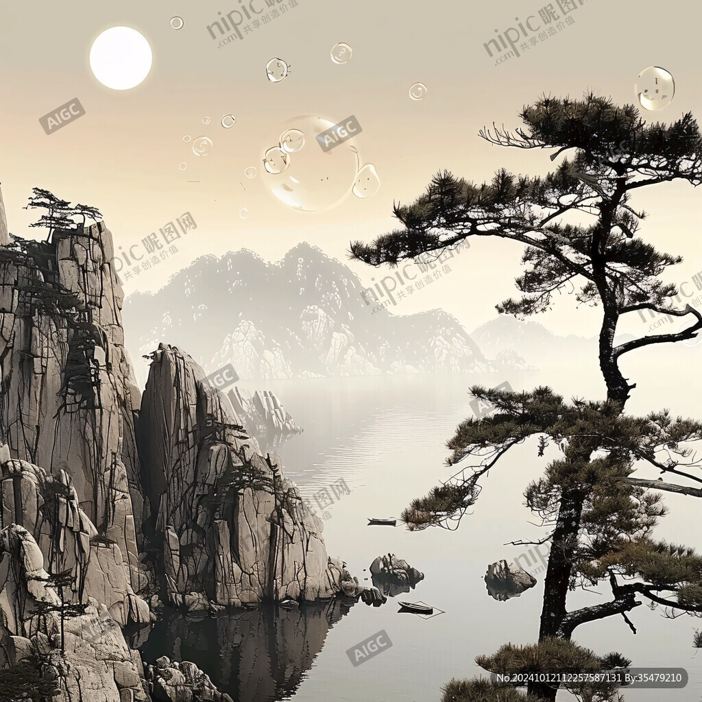 迎客松松树禅意山水