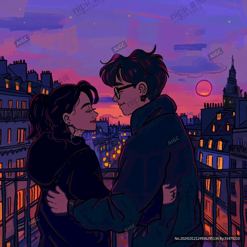 情侣拥抱浪漫插画