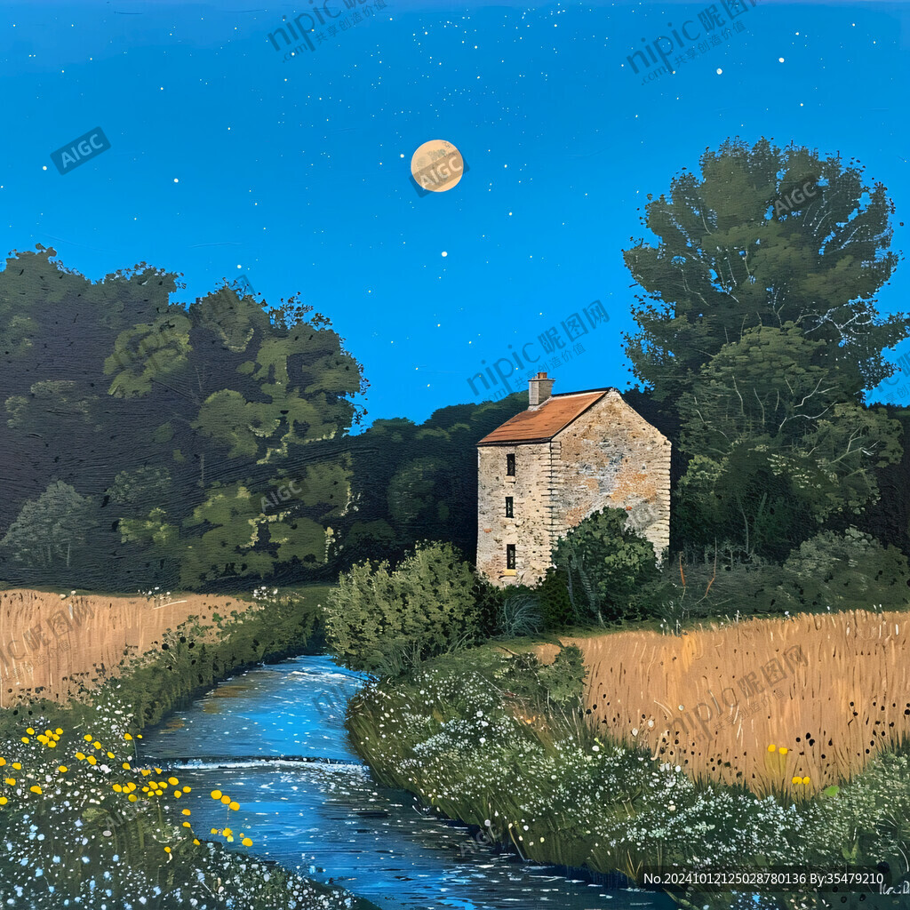 夏季田园田野夜晚月亮