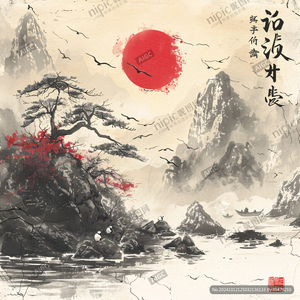 迎客松松树禅意山水