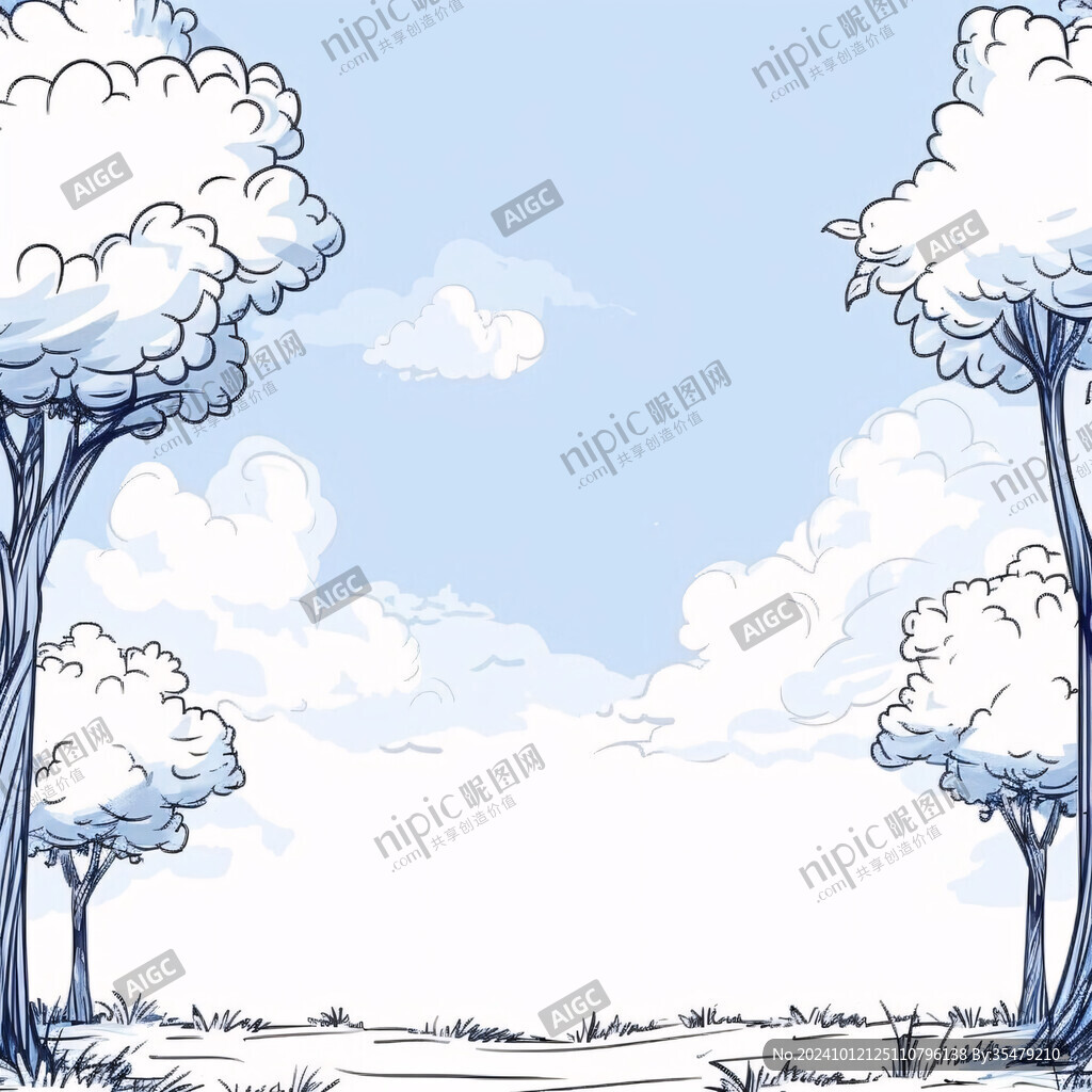 风景植物树枝云彩手绘