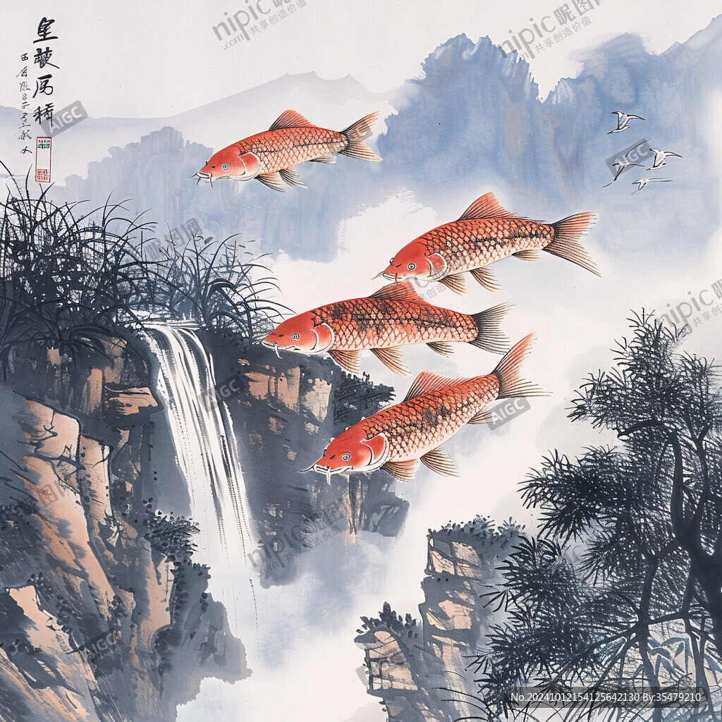 如意锦鲤风景画