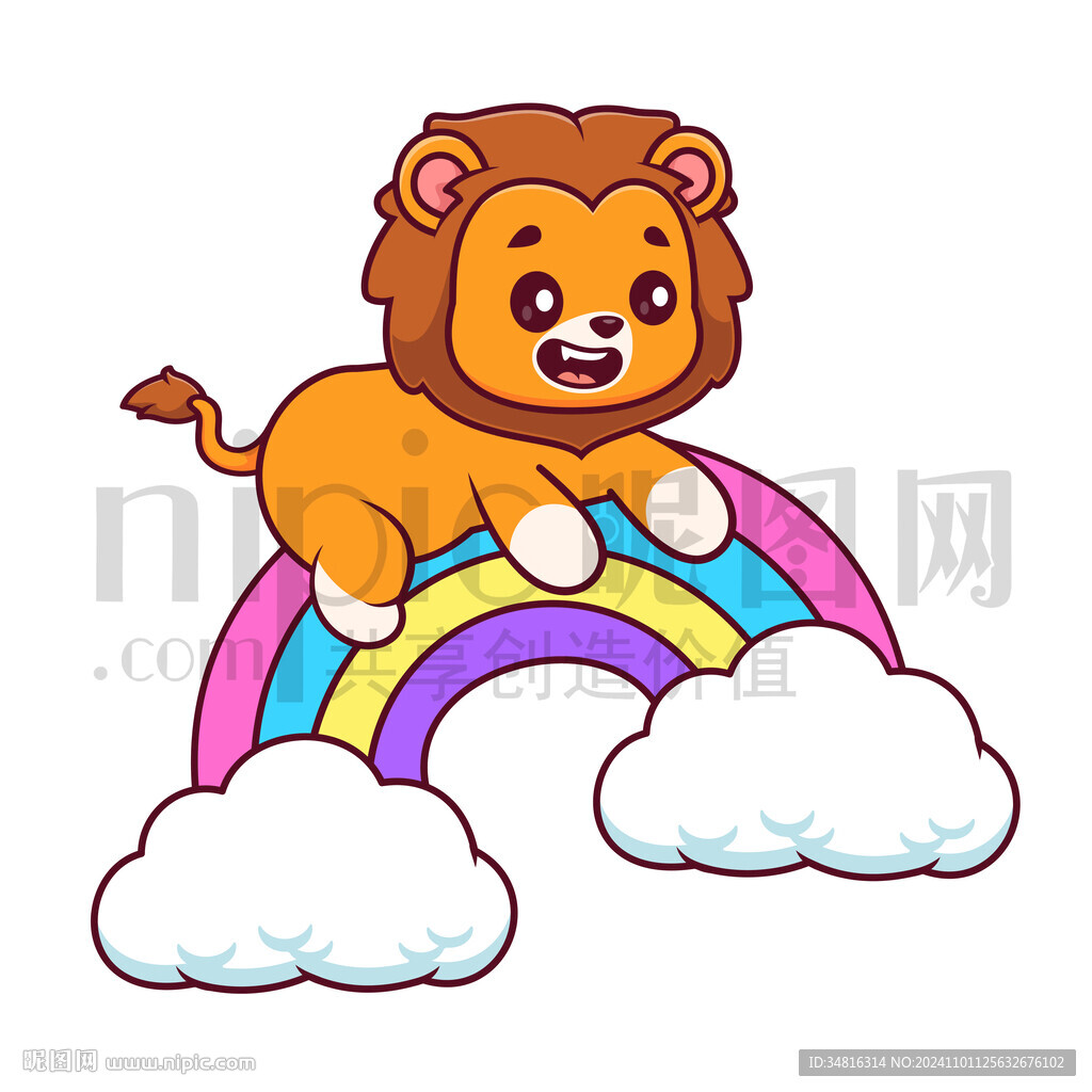 可爱卡通趴在彩虹上的狮子