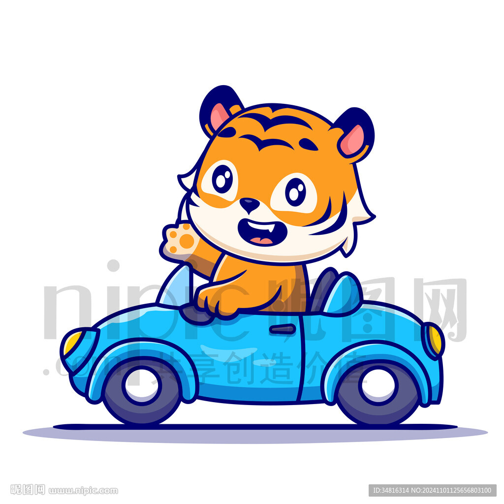 可爱卡通开小汽车的老虎