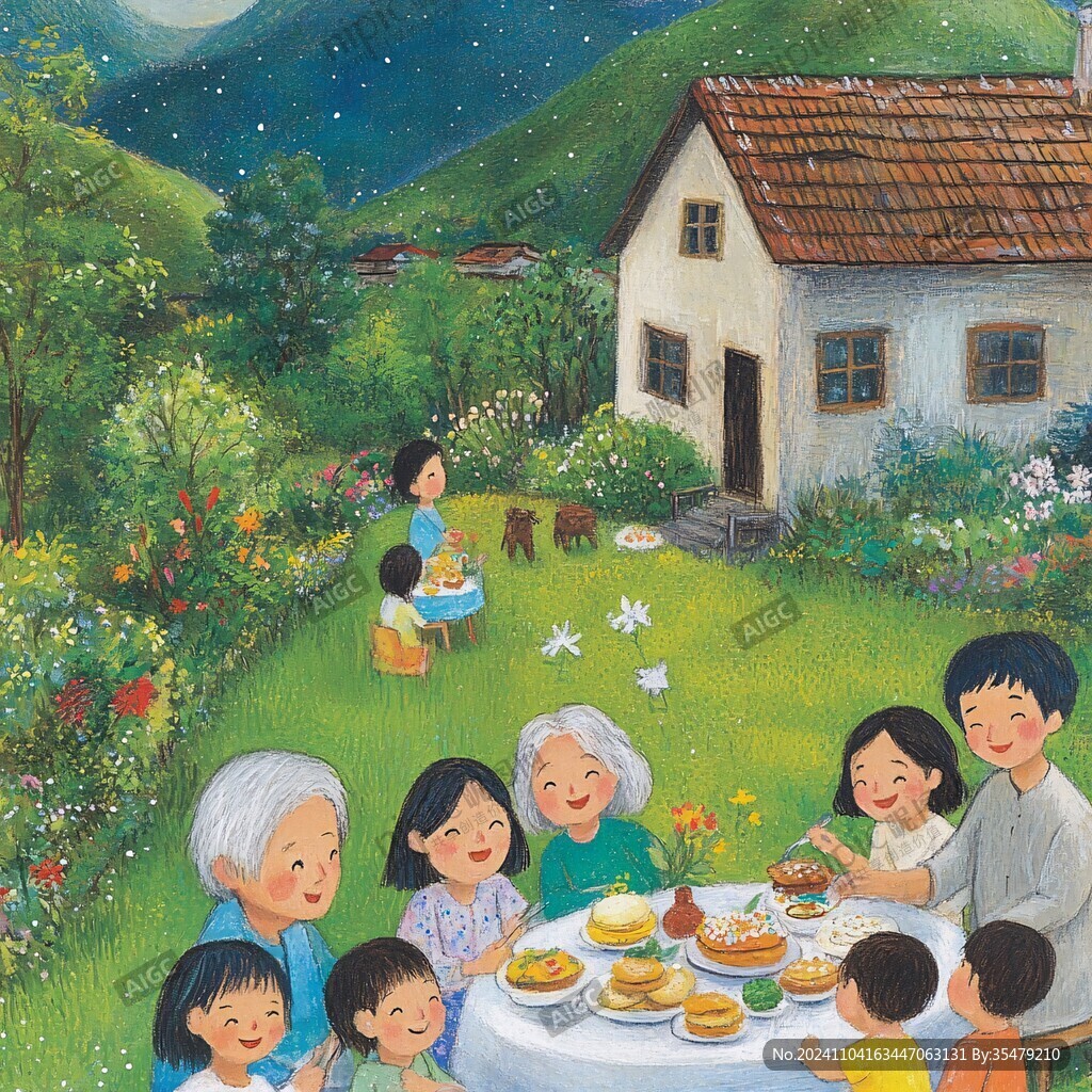 亲子插画全家聚会中秋