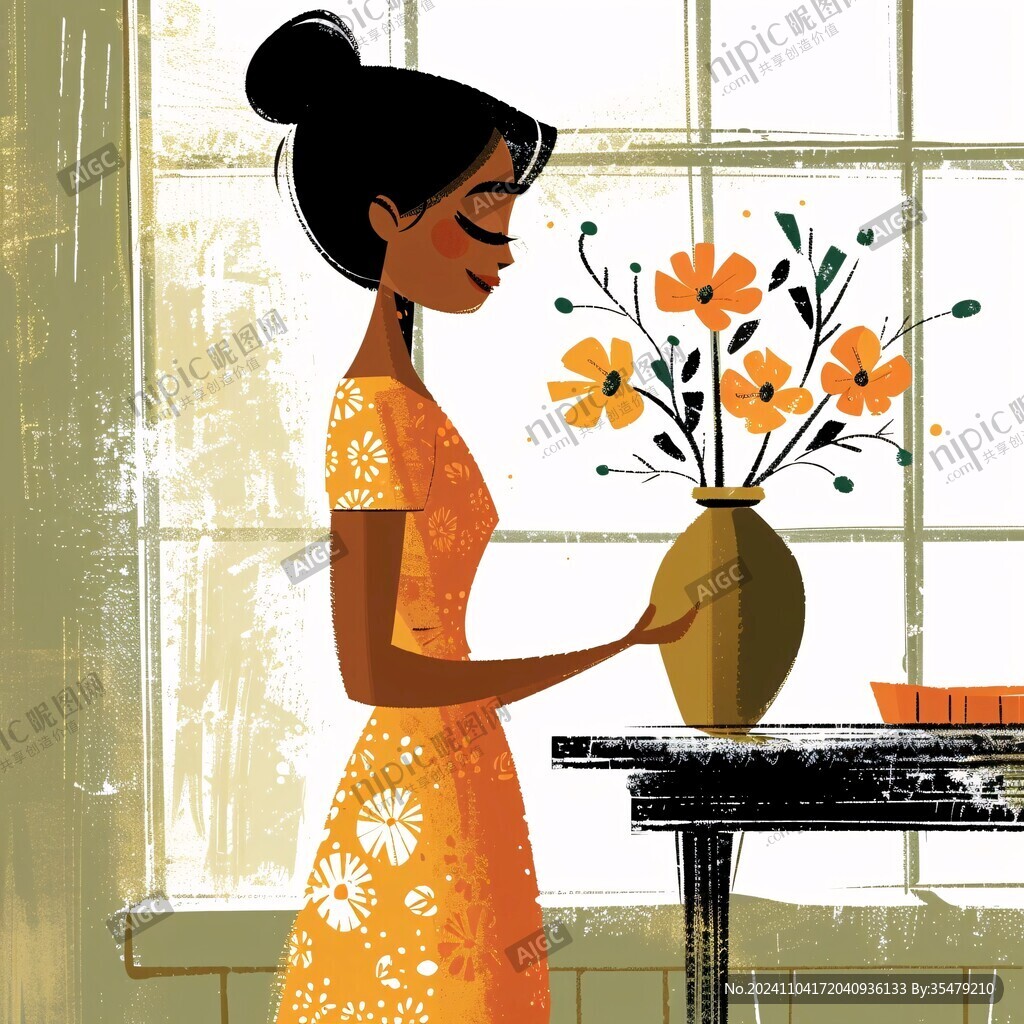 手绘花房女孩插画