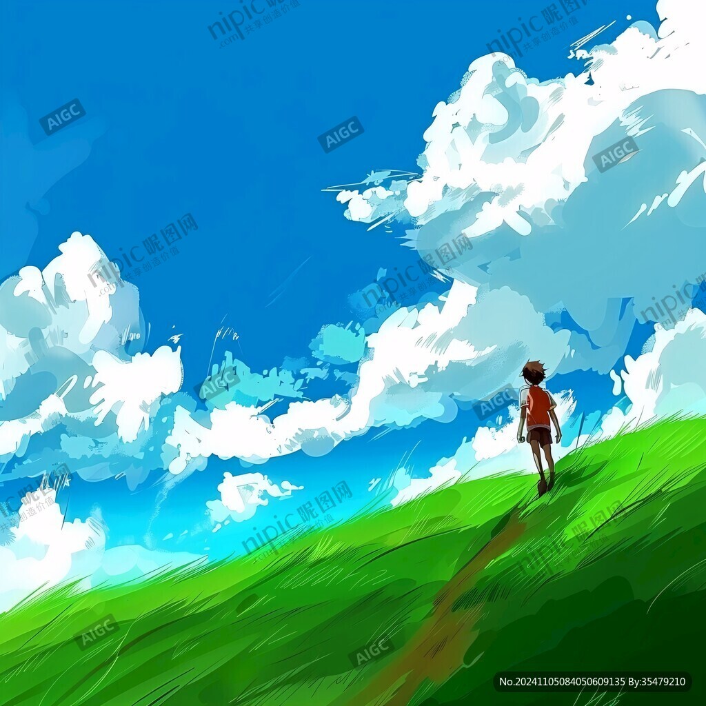 蓝天白云女孩插画