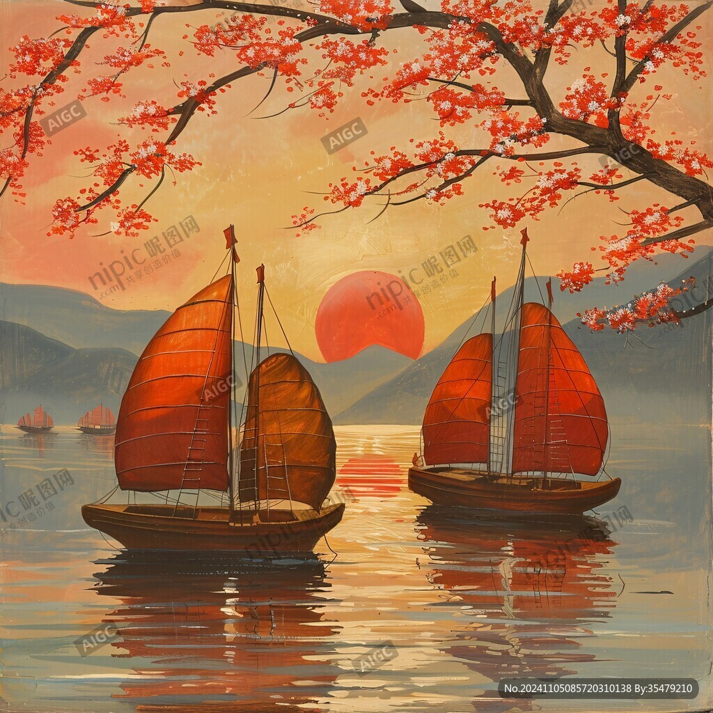 屏风条屏日出油画渔船