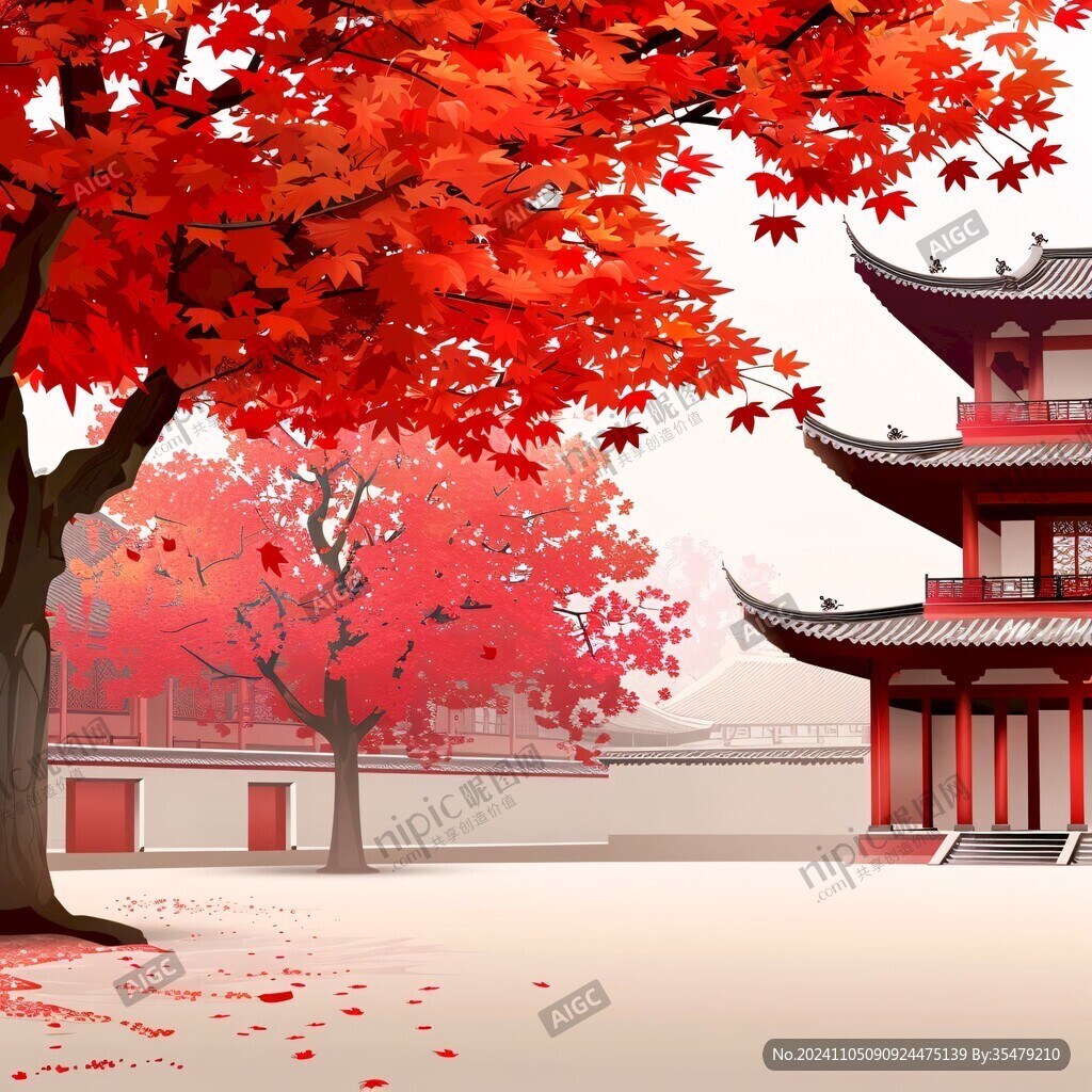 中式房子红枫树