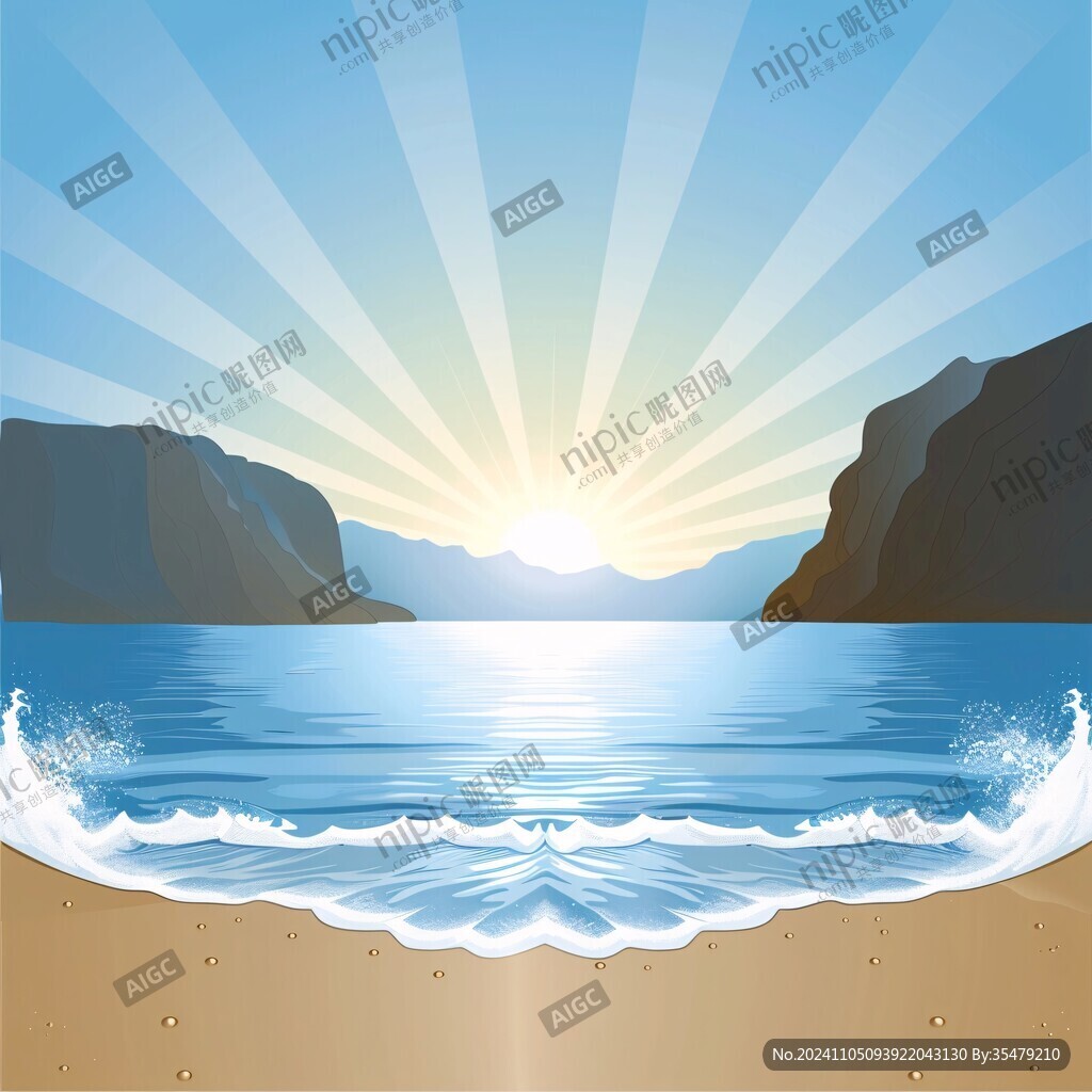 手绘海浪旭日东升