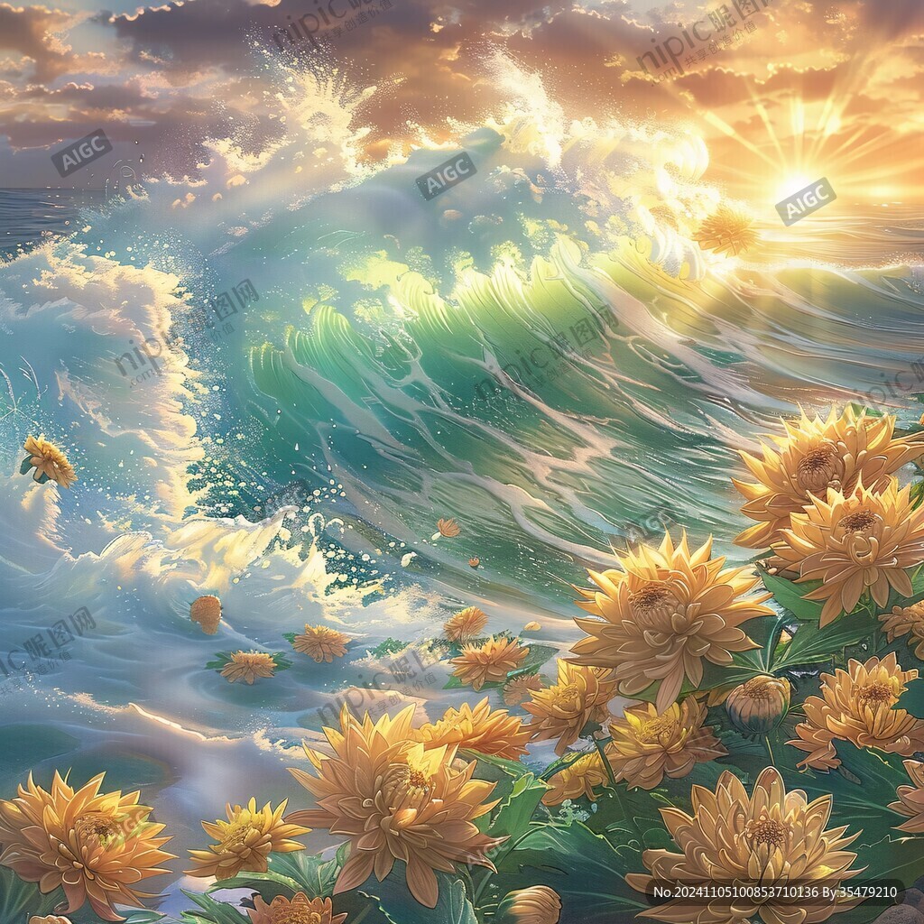 手绘海浪旭日东升